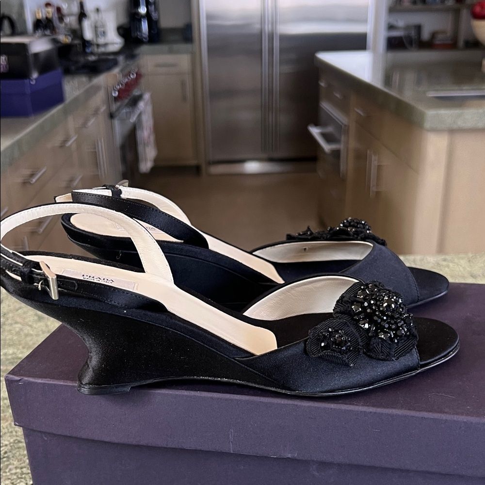 PRADA Black Wedge Sandals with Embellished Detail 38.5 - Picture 5 of 9